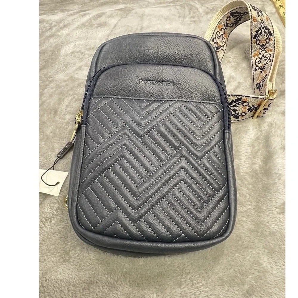 Bostanten Navy Quilted Sling‎ Crossbody with Embroidered Guitar Strap Boho